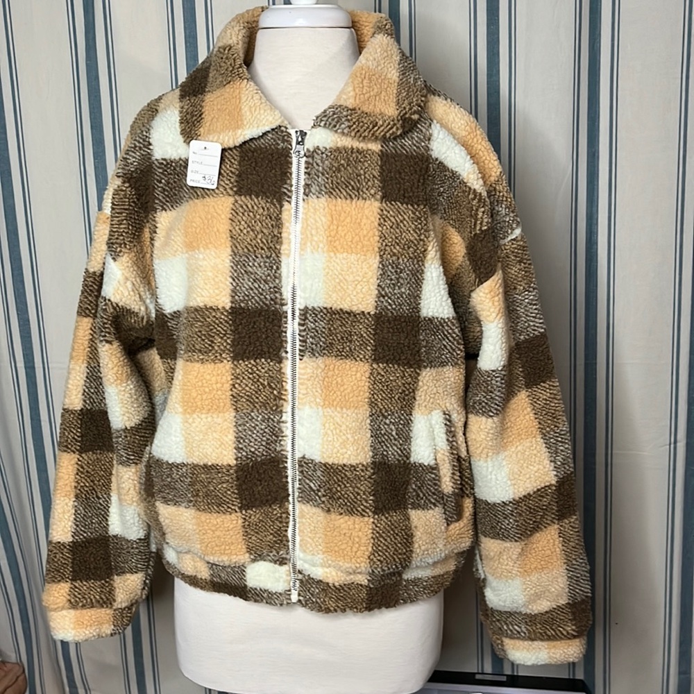 Plaid Sherpa Teddy jacket coat cropped faux poly blend fully lined fitted waist - Picture 2 of 11